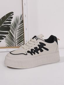 Women Beige Letter Graphic Lace-up Front Sneakers, Sporty Round Toe Low-top Skate Shoes