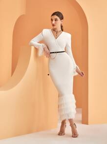 Modelyn Fuzzy Trim Split Back Belted Bodycon Dress - White - View 1