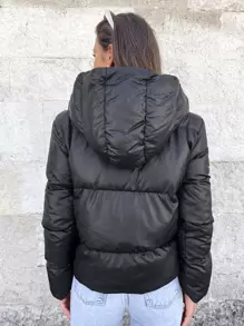 Slant Pockets Hooded Puffer Coat - Black - View 2