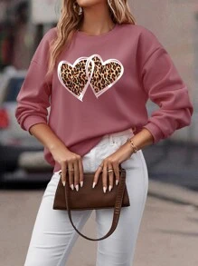 SHEIN LUNE Heart And Leopard Print Drop Shoulder Pullover - Dusty Pink - View 1