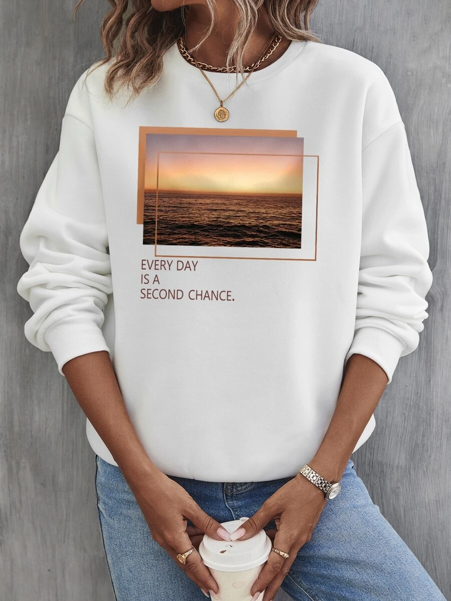SHEIN LUNE Quần áo thể thao nữ Đồ họa Slogan Giải trí - trắng - Xem 1