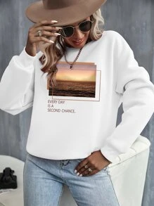 SHEIN LUNE Quần áo thể thao nữ Đồ họa Slogan Giải trí - trắng - Xem 3