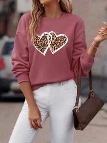 SHEIN LUNE Heart And Leopard Print Drop Shoulder Pullover - Dusty Pink - View 7