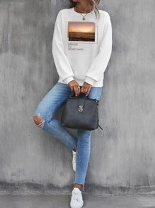 SHEIN LUNE Quần áo thể thao nữ Đồ họa Slogan Giải trí - trắng - Xem 6