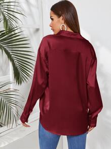SHEIN Clasi 素色前排扣緞面襯衫 - 酒紅色 - 查看 2