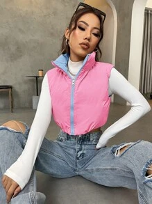 SHEIN x Carly Lawrence Muchica 拉鏈開襟抽繩兩面可戴羽絨背心大衣 - 藍色 - 查看 4