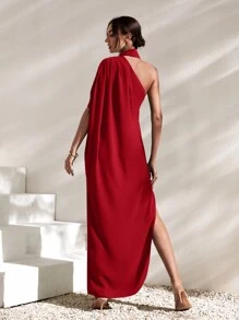 SHEIN Belle Burgundy Red One Shoulder Split Hem Dress - Burgundy - View 2