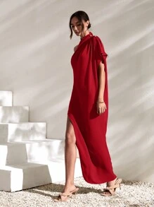 SHEIN Belle Burgundy Red One Shoulder Split Hem Dress - Burgundy - View 3