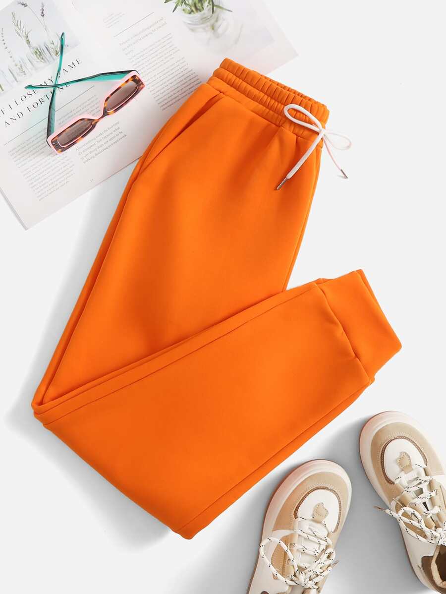 SHEIN PETITE 斜口袋抽繩衛褲 - 橘色 - 查看 1