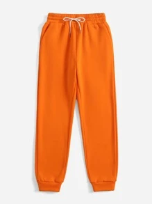 SHEIN PETITE 斜口袋抽繩衛褲 - 橘色 - 查看 3
