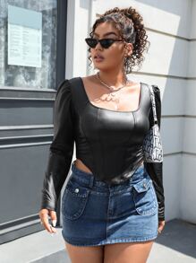 SHEIN Privé Top de cuello cuadrado bajo asimétrico PU - Negro - Ver 1