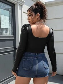 SHEIN Privé Top de cuello cuadrado bajo asimétrico PU - Negro - Ver 2