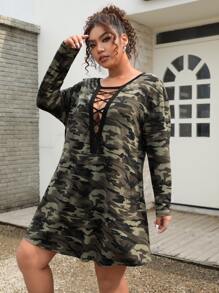 SHEIN ICON 大碼迷彩印花前交叉T恤連衣裙 - 彩色 - 查看 5