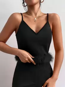 SHEIN Privé 毛茸邊吊帶上衣 - 黑色 - 查看 1