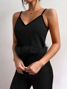 SHEIN Privé 毛茸邊吊帶上衣 - 黑色 - 查看 5