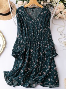 SHEIN Clasi Große Größen Ditsy Blumen A-Linie Langarm Kleid