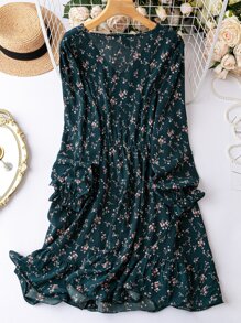 SHEIN Clasi Große Größen Ditsy Blumen A-Linie Langarm Kleid