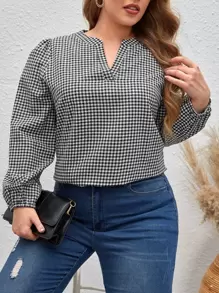 SHEIN Frenchy 大碼雙色格子缺口領襯衫 - 黑與白 - 查看 1