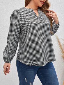 SHEIN Frenchy 大碼雙色格子缺口領襯衫 - 黑與白 - 查看 3