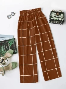 SHEIN LUNE Plus Grid Print Shirred Knot Front Pants - Burnt Orange - View 1