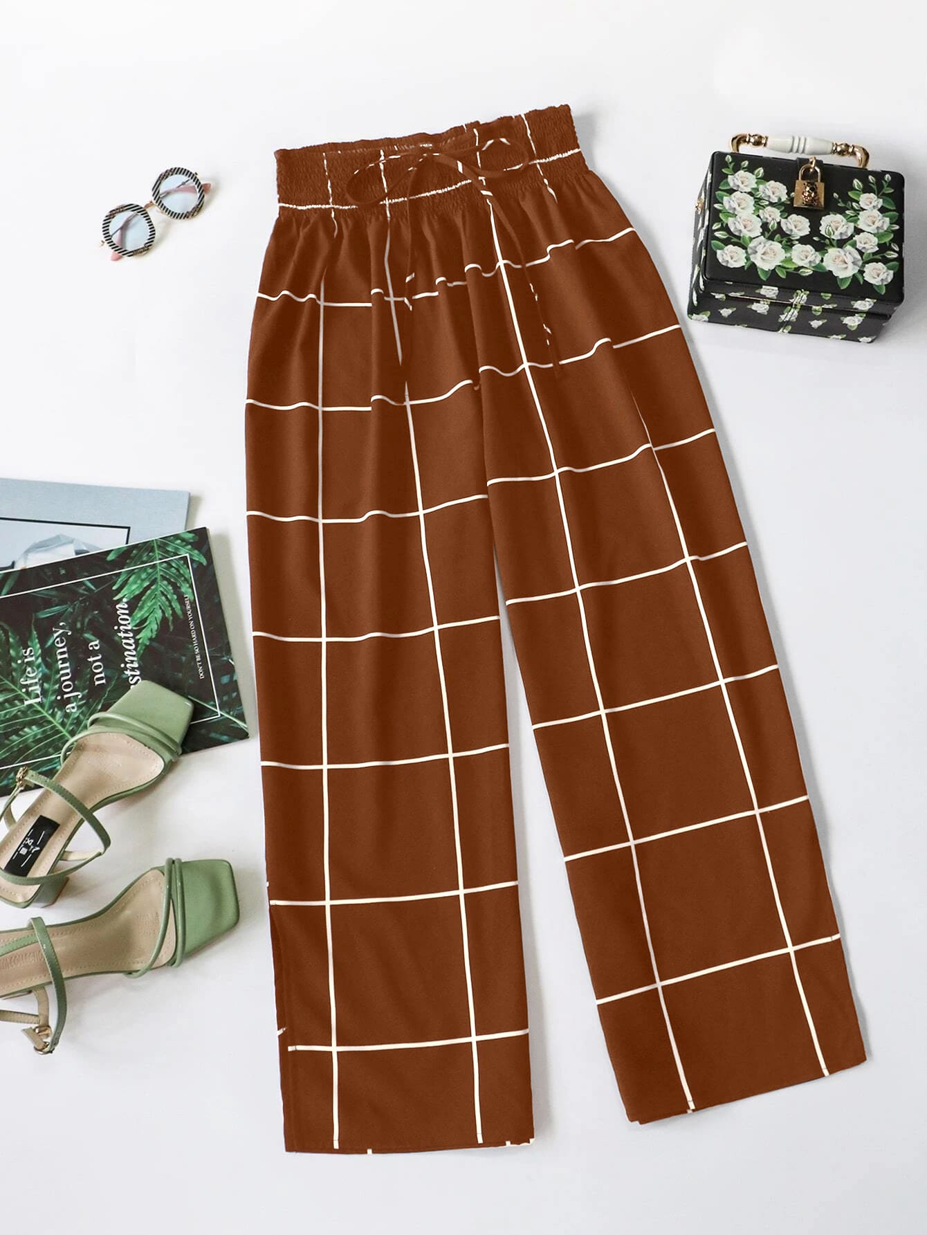 SHEIN LUNE Plus Grid Print Shirred Knot Front Pants - Burnt Orange - View 1