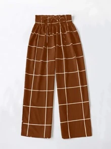 SHEIN LUNE Plus Grid Print Shirred Knot Front Pants - Burnt Orange - View 4