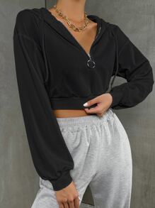 SHEIN Unity Women's Solid Color Drop Shoulder Long Sleeve Zip-Up Half Placket Drawstring Hooded Sweatshirt - Black - View 3