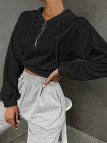 SHEIN Unity Women's Solid Color Drop Shoulder Long Sleeve Zip-Up Half Placket Drawstring Hooded Sweatshirt - Black - View 4