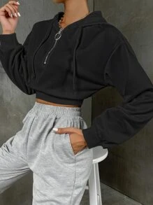 SHEIN Unity Women's Solid Color Drop Shoulder Long Sleeve Zip-Up Half Placket Drawstring Hooded Sweatshirt - Black - View 5