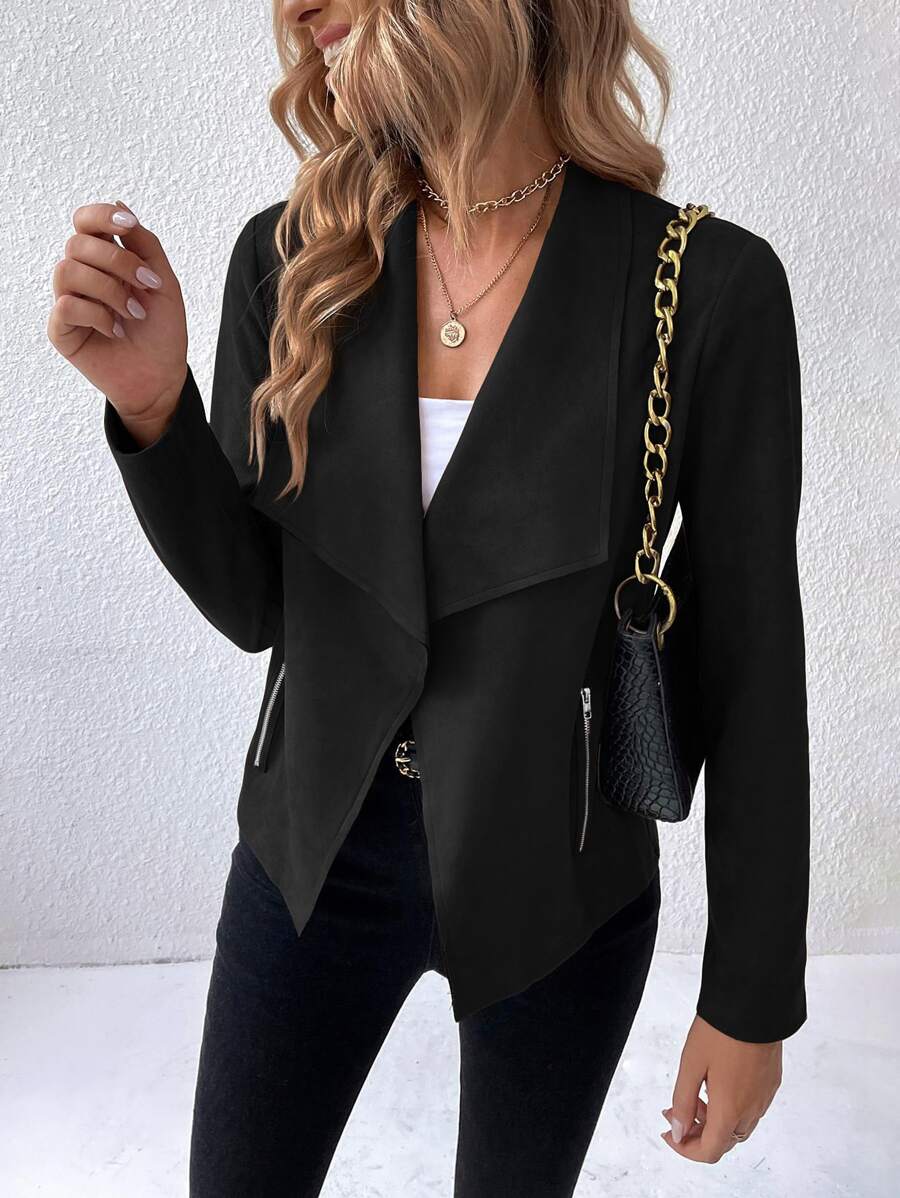 Calvaya Chaqueta con cuello de solapa y cierre delantero, mangas regulares con cremallera, bolsillos, ajuste regular para mujer, color negro liso, para uso casual diario - Negro - Ver 1