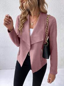 SHEIN Privé 大翻領開門襟仿麂皮夾克 - 藕粉色 - 查看 1