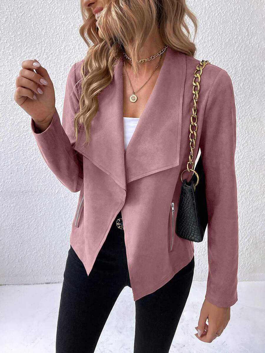 SHEIN Privé 大翻領開門襟仿麂皮夾克 - 藕粉色 - 查看 1
