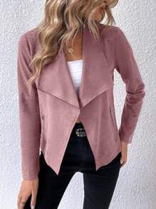 SHEIN Privé 大翻領開門襟仿麂皮夾克 - 藕粉色 - 查看 3