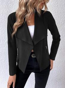 Calvaya Chaqueta con cuello de solapa y cierre delantero, mangas regulares con cremallera, bolsillos, ajuste regular para mujer, color negro liso, para uso casual diario - Negro - Ver 3