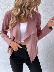 SHEIN Privé 大翻領開門襟仿麂皮夾克 - 藕粉色 - 查看 6