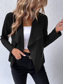 Calvaya Chaqueta con cuello de solapa y cierre delantero, mangas regulares con cremallera, bolsillos, ajuste regular para mujer, color negro liso, para uso casual diario - Negro - Ver 6