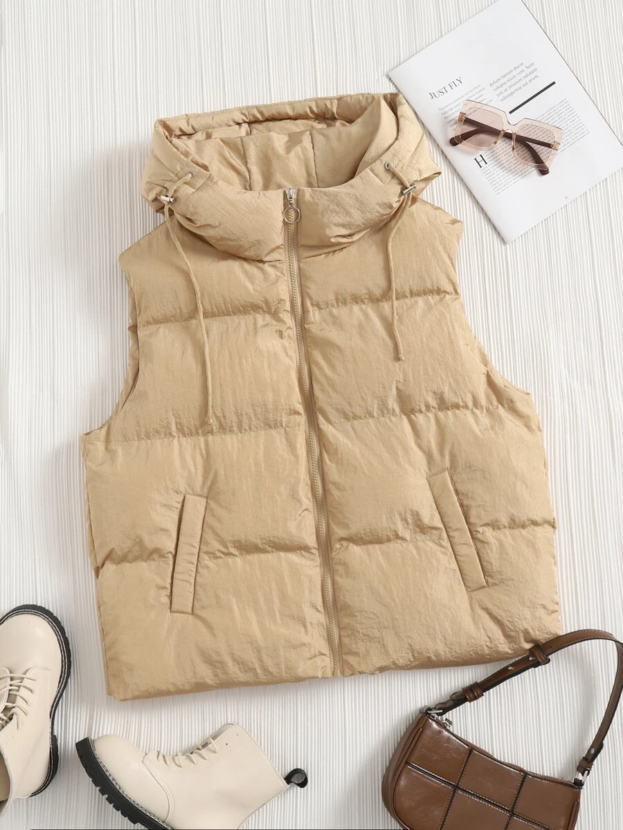 SHEIN EZwear Plus Drawstring Hooded Puffer Vest Coat