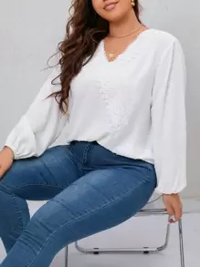 SHEIN Clasi Áo sơ mi Plus Size Tương phản ren màu trơn Giải trí - trắng - Xem 1