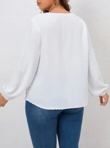SHEIN Clasi Áo sơ mi Plus Size Tương phản ren màu trơn Giải trí - trắng - Xem 2