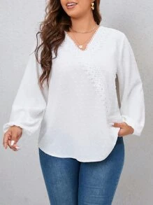 SHEIN Clasi Áo sơ mi Plus Size Tương phản ren màu trơn Giải trí - trắng - Xem 4