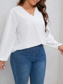SHEIN Clasi Áo sơ mi Plus Size Tương phản ren màu trơn Giải trí - trắng - Xem 6