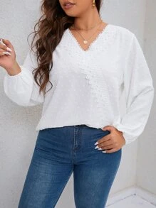 SHEIN Clasi Áo sơ mi Plus Size Tương phản ren màu trơn Giải trí - trắng - Xem 3
