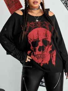 ROMWE PUNK Plus Skull Print Cold Shoulder Tee - Red - View 1