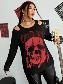 ROMWE PUNK Plus Skull Print Cold Shoulder Tee - Red - View 4