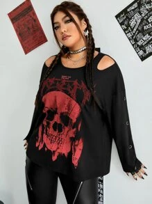 ROMWE PUNK Plus Skull Print Cold Shoulder Tee - Red - View 5