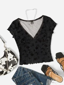 SHEIN ICON 90s Floral Print Bow Front Lettuce Trim Crop Mesh Tee - Black - View 1