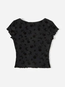 SHEIN ICON 90s Floral Print Bow Front Lettuce Trim Crop Mesh Tee - Black - View 2