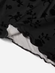 SHEIN ICON 90s Floral Print Bow Front Lettuce Trim Crop Mesh Tee - Black - View 5