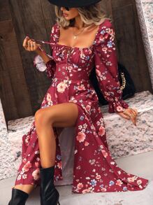 Breezaya Floral Print Flounce Sleeve Tie Front Split Thigh Dress,Ladies Boho Knot,Ruffle,Split Thigh Long Sleeve Square Neck Regular Fit Long Rose Red Flounce Sleeve Floral A Line Women Midi Dresses,Spring/Summer,Casual Daily Wear For New Year Clothes Maxi Vacation Beach Outfit Fall Cloth For Women - Rose Red - View 3