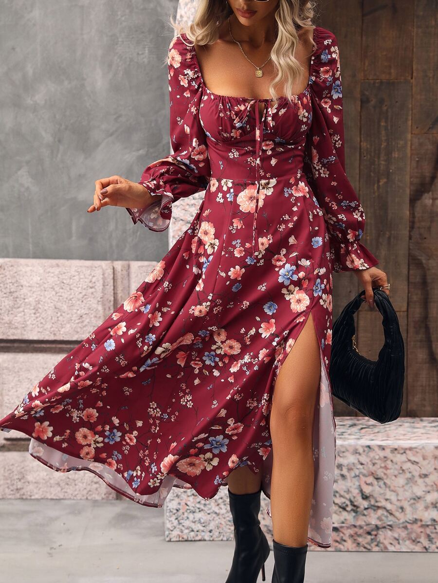 Breezaya Floral Print Flounce Sleeve Tie Front Split Thigh Dress,Ladies Boho Knot,Ruffle,Split Thigh Long Sleeve Square Neck Regular Fit Long Rose Red Flounce Sleeve Floral A Line Women Midi Dresses,Spring/Summer,Casual Daily Wear For New Year Clothes Maxi Vacation Beach Outfit Fall Cloth For Women - Rose Red - View 1